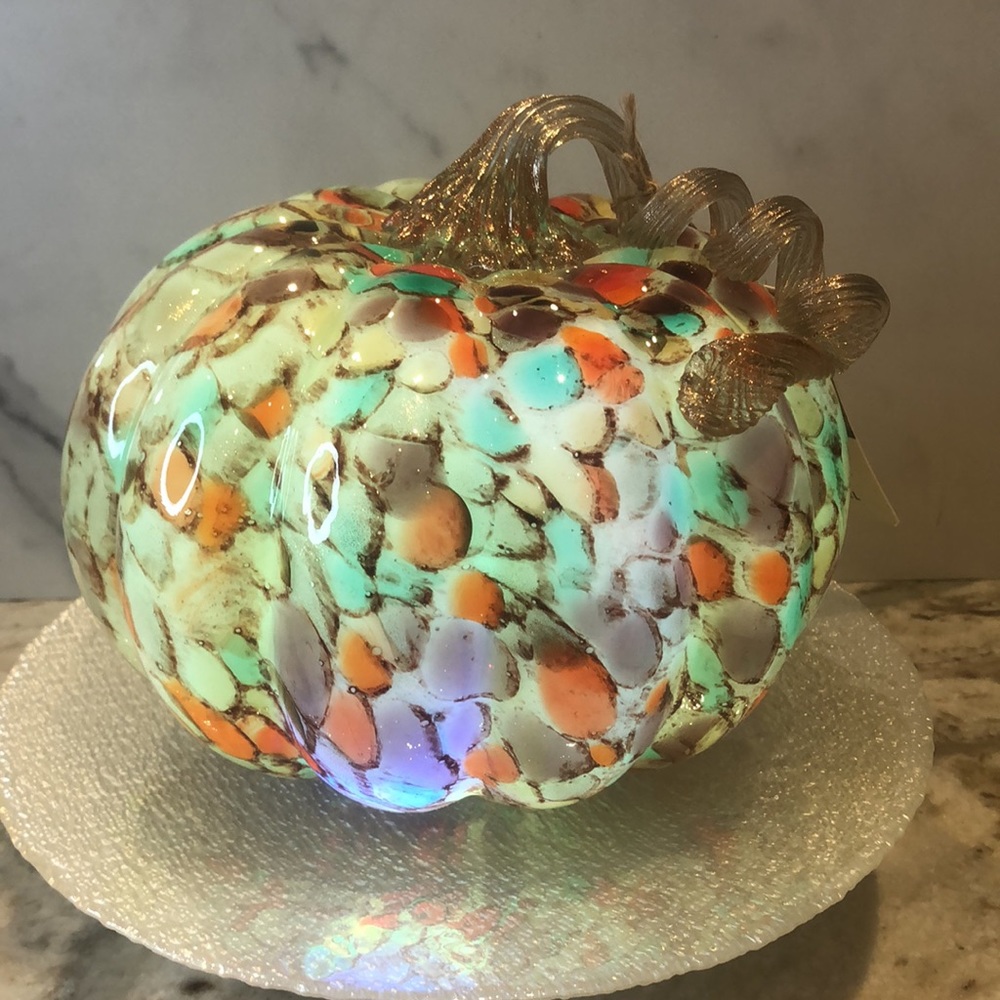 Martha Stewart Halloween 8” Blown Glass Pumpkin LED lighted Changing Colors NWT
